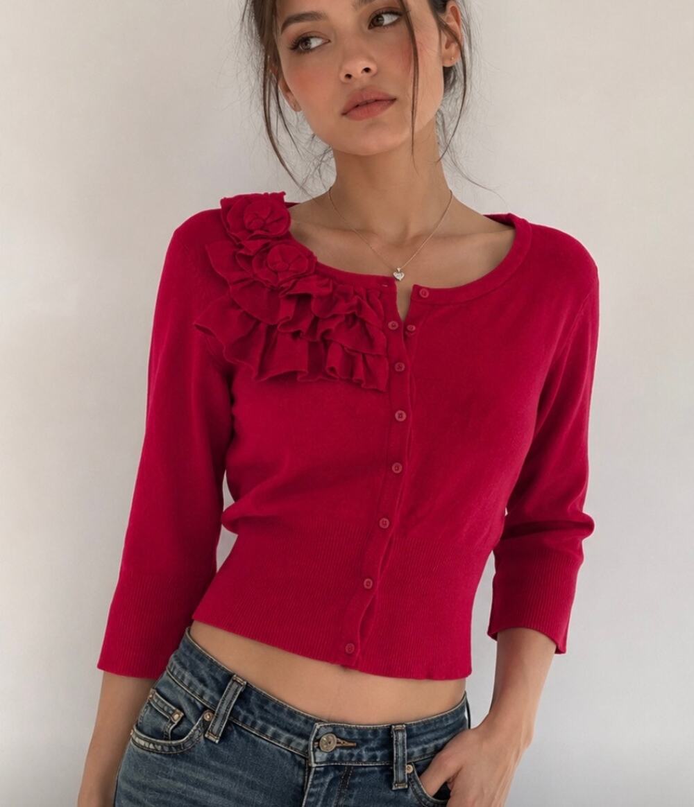 New Elle Red Ruffle Floral Embellished 3/4 Sleeve Cardigan Sweater coquette L